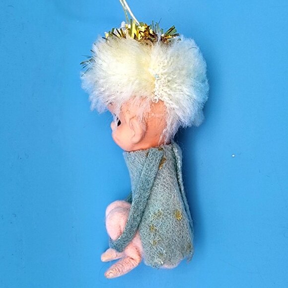 Vintage 1950s Napco Pixie Angel Elf Hugger Ornament Japan Green Felt Gold Halo - Picture 6 of 10